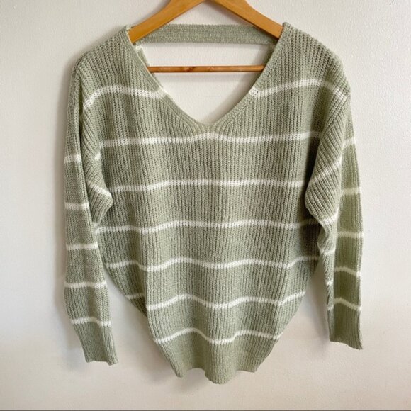 Sage Green Striped Twist Open Back Knit Sweater - Picture 2 of 3